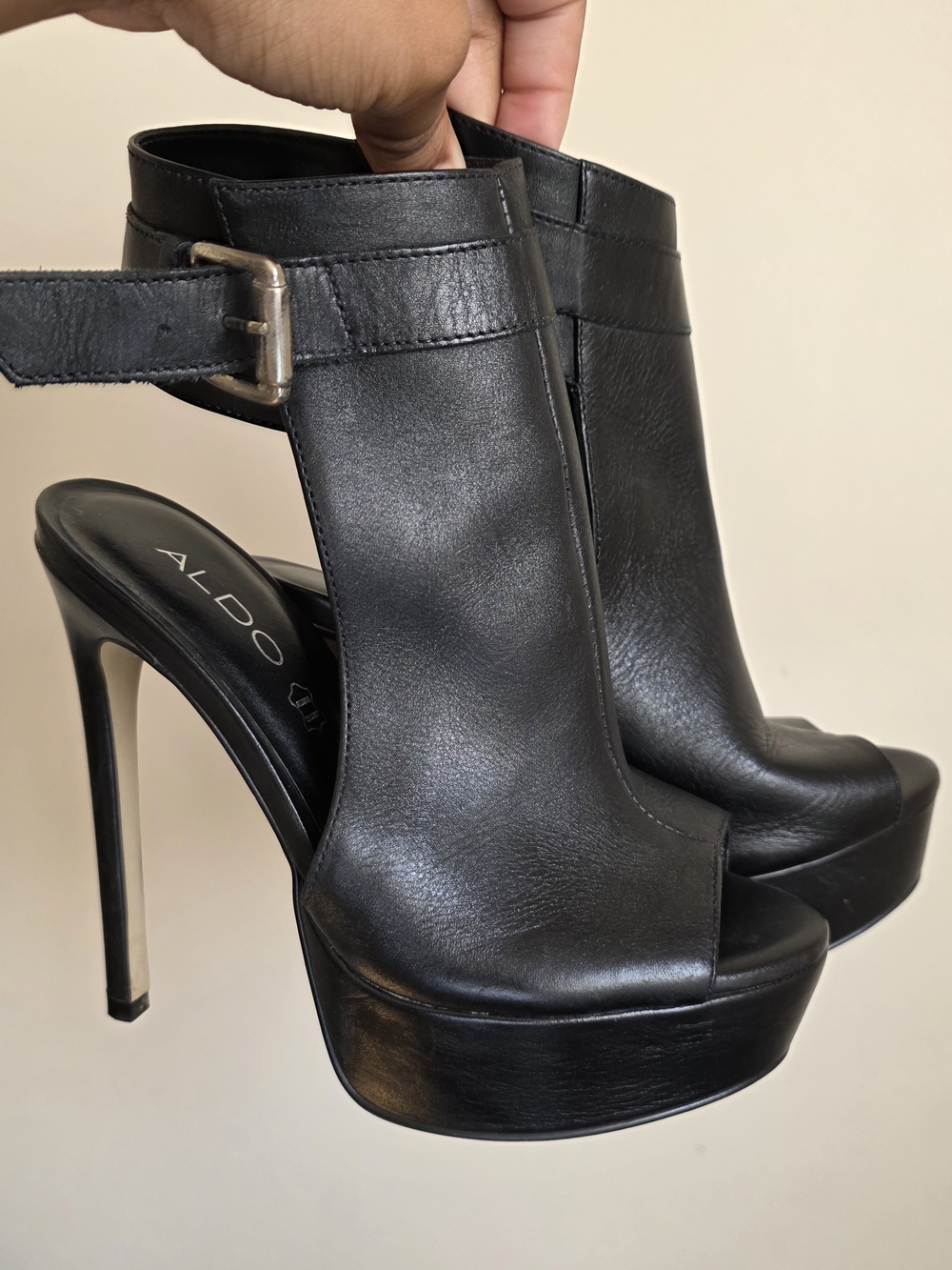 Aldo Black Leather Peep-Toe Platform Heel Sandals